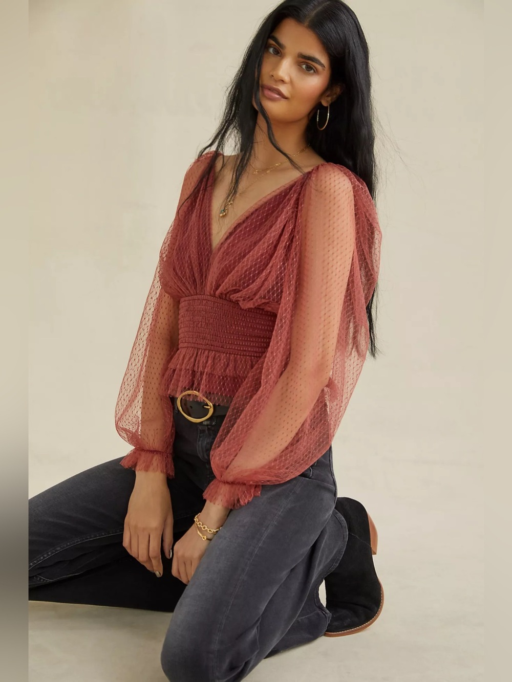 🌸 Anthropologie Tulle Blouse Sheer Balloon Sleeve Peplum Size L